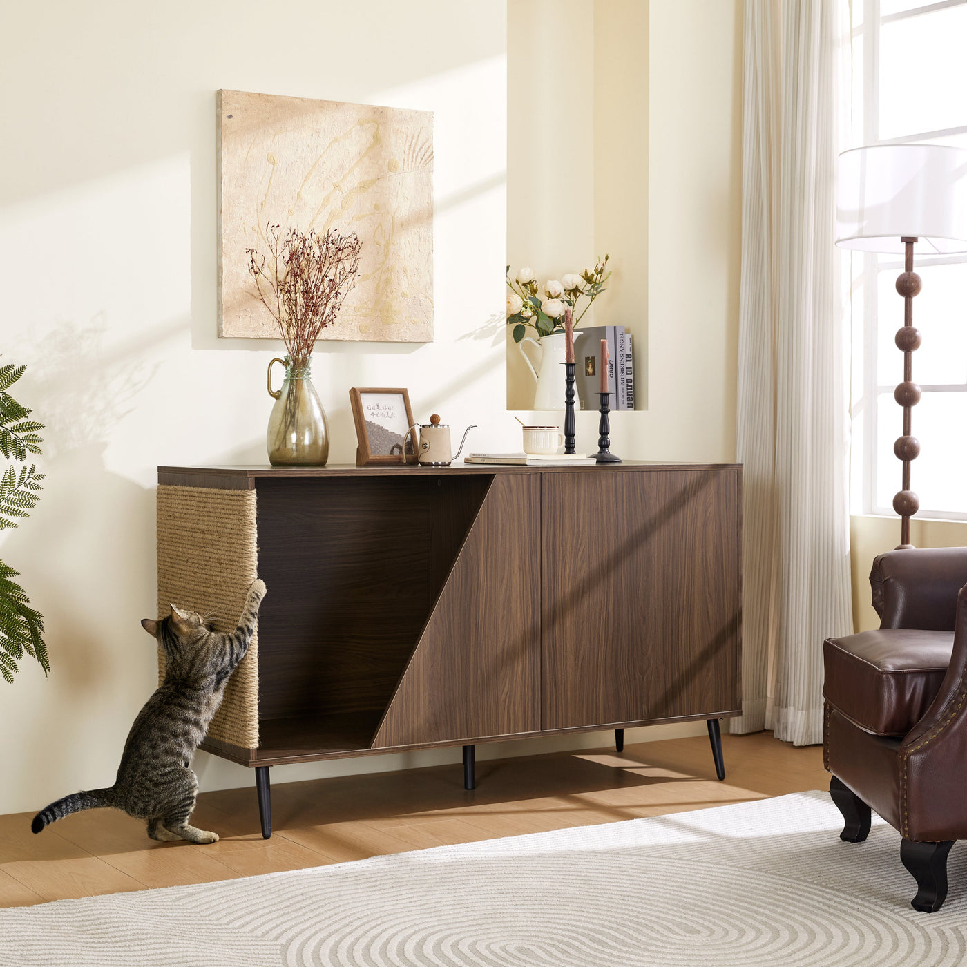 Furniture Style 2 in 1 Mid-century Modern Walnut Cabinet Side Table Design With Spring-loaded door Storage