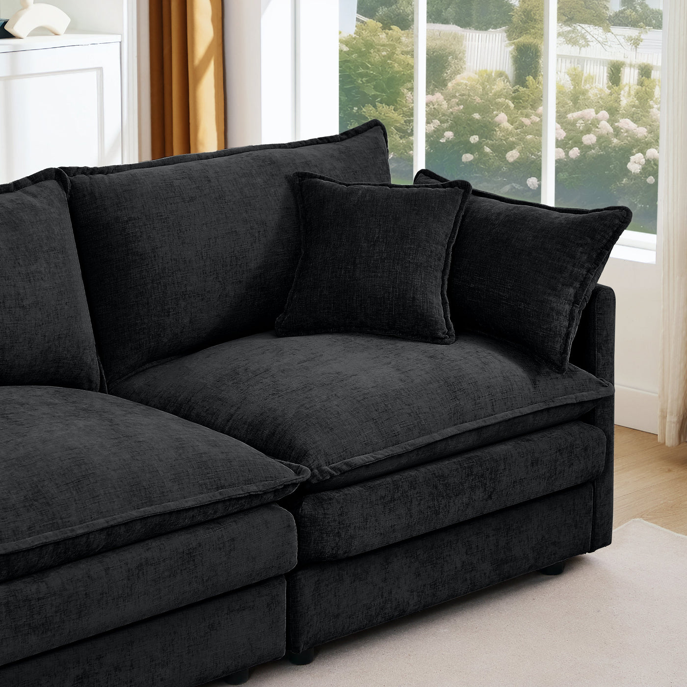 Modular Sectional Sofa, 105 Inch L Shaped Couch Set, Comfy Cloud Couches with Movable Ottoman, Black Chenille
