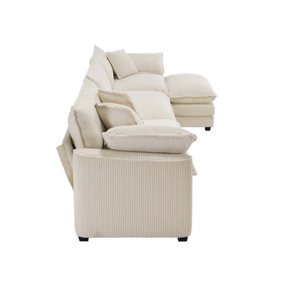 Classic & Modern Sectional Sofa with Ottoman - Light Beige Corduroy Upholstered 3-Seat Couch for Living Room