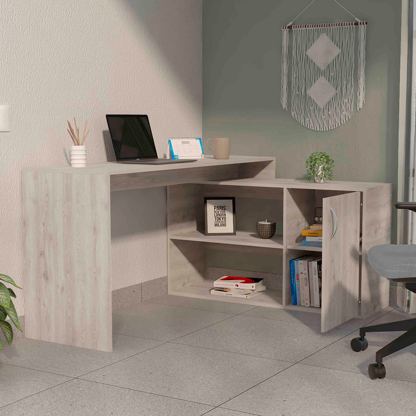 Antlia L-Shaped Writing Desk, Two Shelves, Single Door Cabinet
