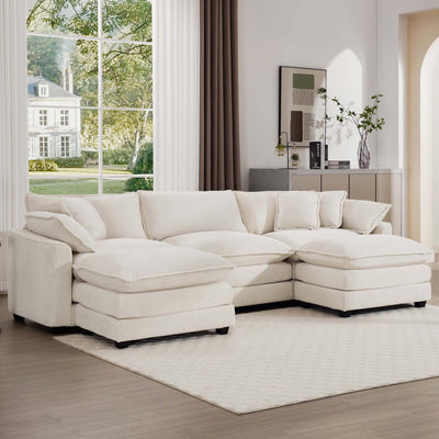 Oversized Modular Cushion Sofa with Ottomans, Comfy Upholstered U-Shaped Convertible Corner Sectional Sofa, Light Beige Corduroy