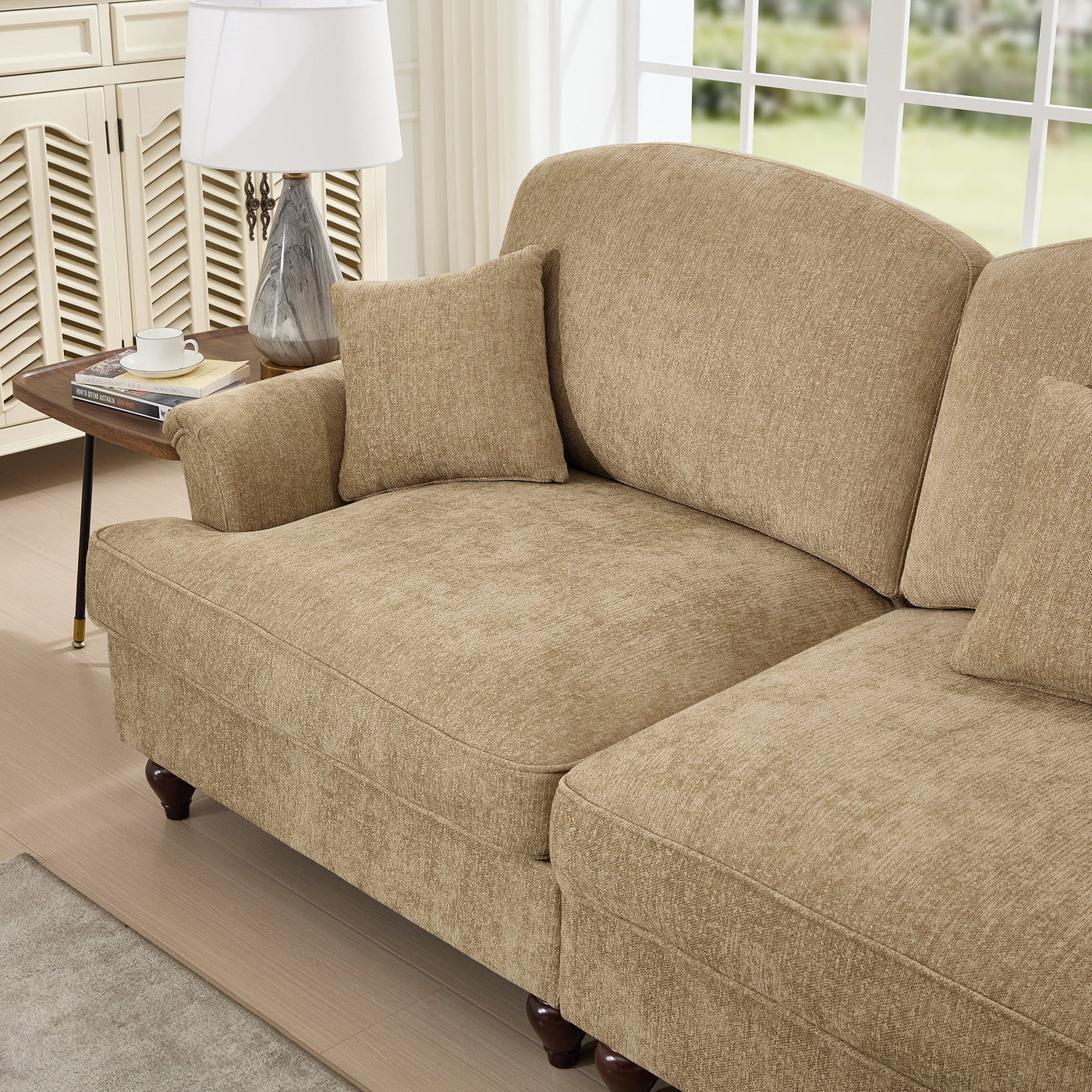 Classic U Shape 4 Seater Modular Sectional Sofa Couch with Flared Arms and Removable Ruffles Pleats Skirts and Spindle Legs, Chenille Deep Seat Cloud Sofa with Movable Ottomans, Light Coffee