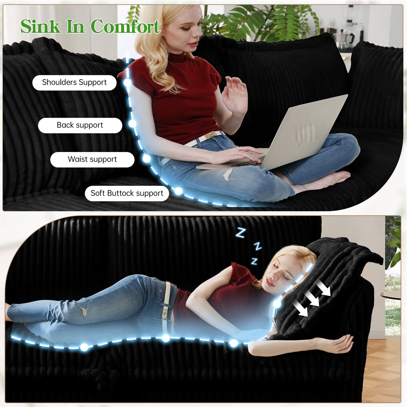 Slipcovered Long Sofa, 4 Seater Sofa with Removable Cover, Extra Deep Couch for Living Room, Corduroy Fabric Cloud Like Comfy Sofa Couch, Black Corduroy Fabric