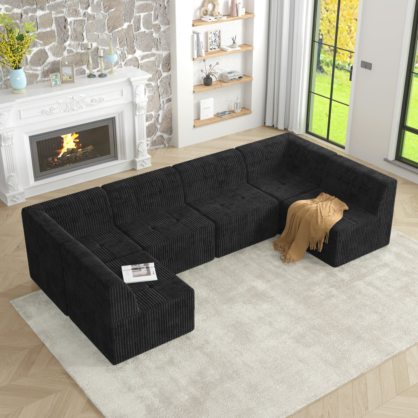 U shape Modular Sectional Sofa, Compressed Sectional Sofa Modern Minimalist Style Corduroy Couch, Sleeper Sofa for Living Room, Bedroom, Comfy Compressed Sofa Couch Space-Efficient Design-black