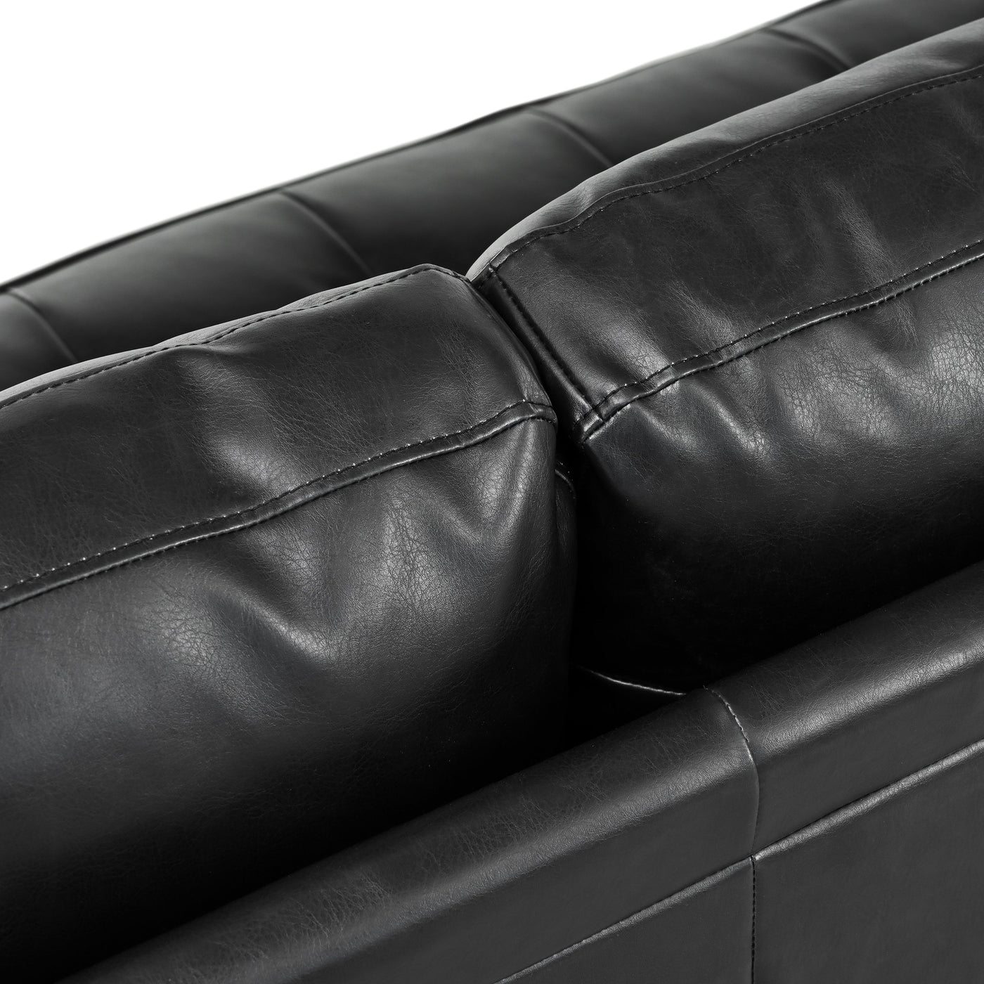 Mirod Mid-Century Modern PU Leather 3-Seat Sofa, Tufted Design, Solid Wood Legs, 2 Bolster Pillows, Comfortable Couch for Living Room & Home Office