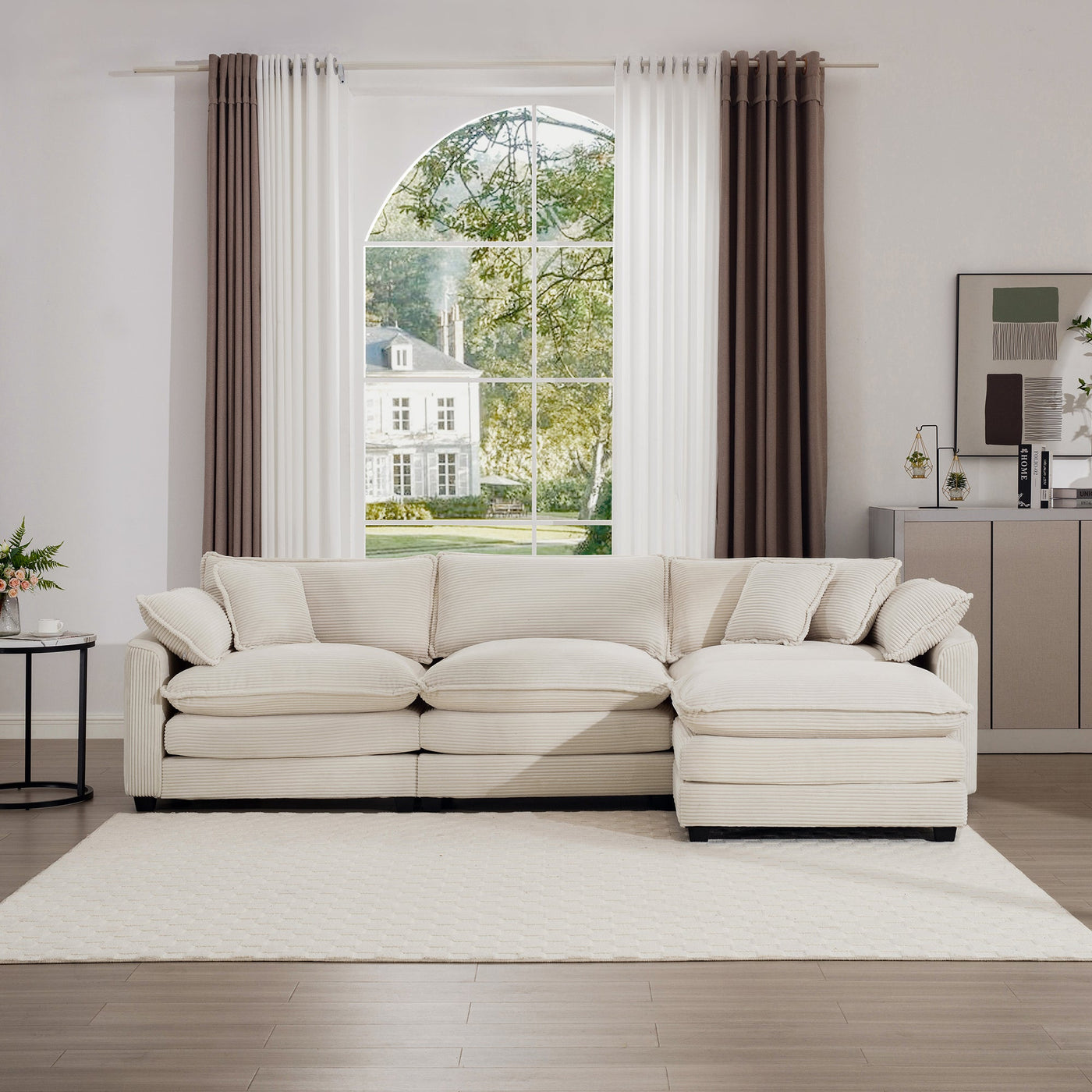 Classic & Modern Sectional Sofa with Ottoman - Light Beige Corduroy Upholstered 3-Seat Couch for Living Room