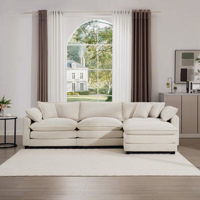 Classic & Modern Sectional Sofa with Ottoman - Light Beige Corduroy Upholstered 3-Seat Couch for Living Room