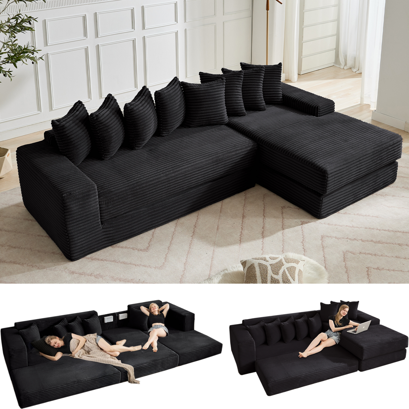 [NEW ARRIVED] [VIDEO PROVIDED] Oversize Cloud Sectional Couch, L-Shape Sofa, Convertible Floor Sleeper Sofa Bed, No Assembly,Eight pillows,3-in-1,Magazine bag,(Right Facing Sofa),3 Seat,Corduroy,Black