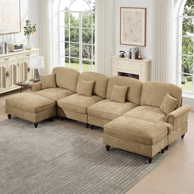 Classic U Shape 4 Seater Modular Sectional Sofa Couch with Flared Arms and Removable Ruffles Pleats Skirts and Spindle Legs, Chenille Deep Seat Cloud Sofa with Movable Ottomans, Light Coffee