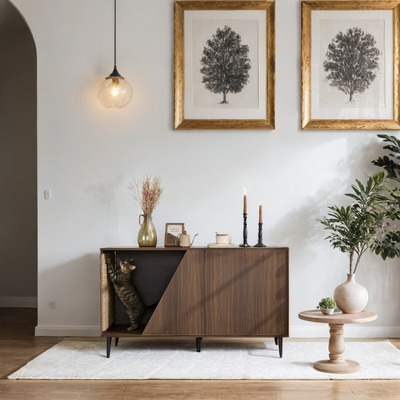Furniture Style 2 in 1 Mid-century Modern Walnut Cabinet Side Table Design With Spring-loaded door Storage