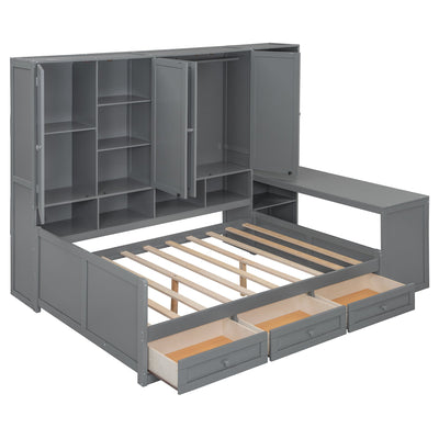 Full Size Wooden Daybed With Three Drawers, and All-in-One Cabinet, Desk and Shelves, Gray