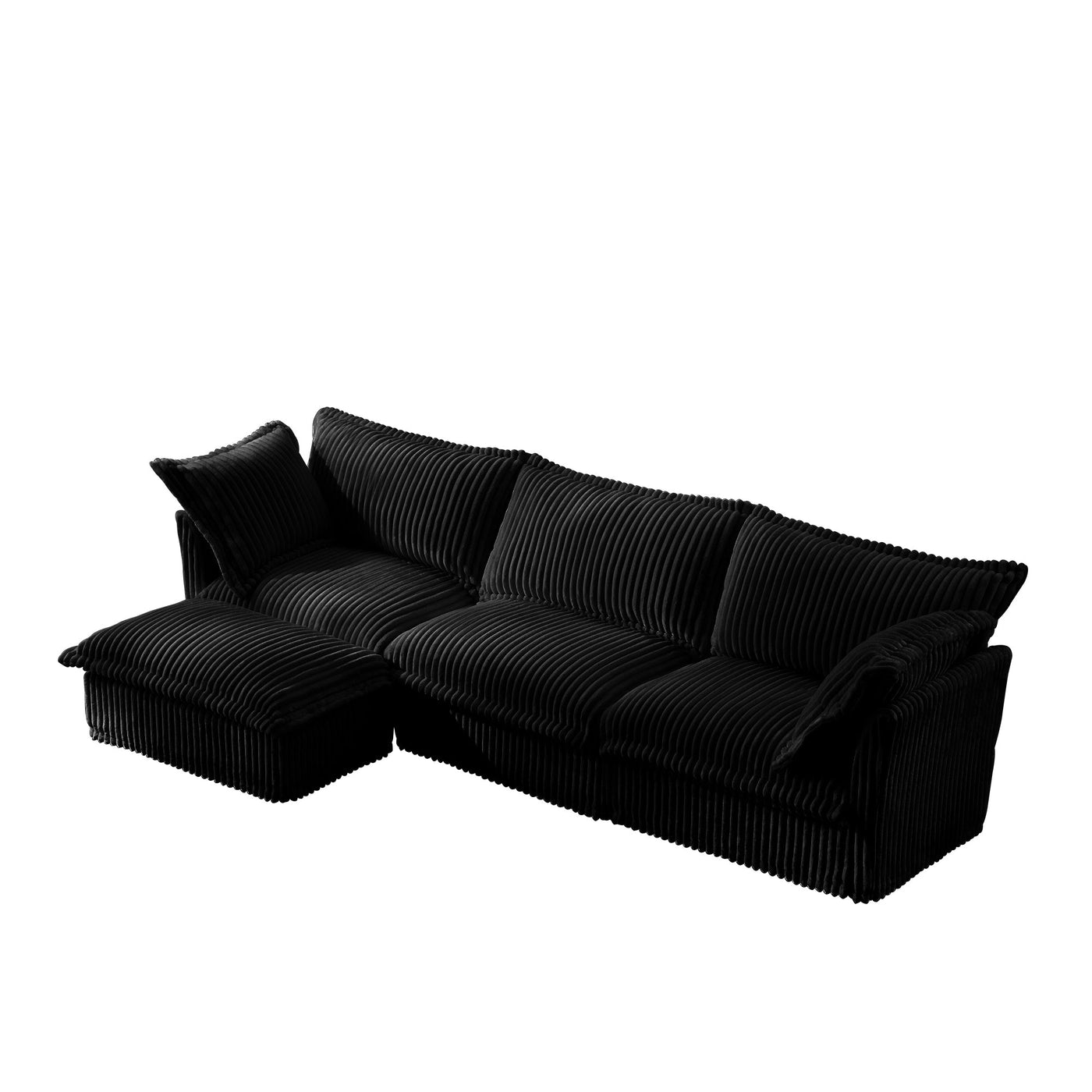 L-Shaped Slipcovered Sectional Sofa Couch, Comfy Deep Seat Cloud Couch with Convertible Ottoman & 2 Big Pillows, Modern Oversized 3 Seater Slipcovered Sofa Set for Living Room Office, Black Corduroy