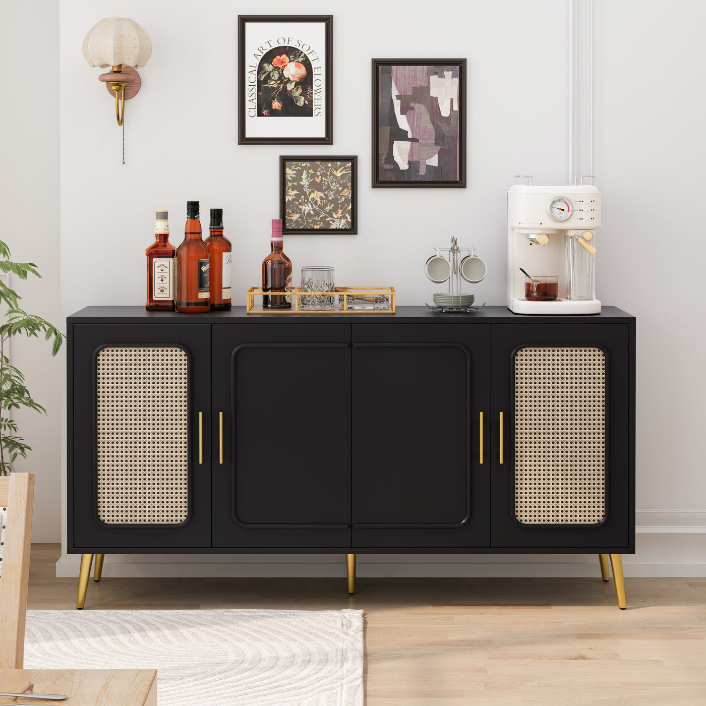 59.84' Vintage Four-Door Cabinet, Plastic Rattan, Suitable For Living Room, Dining Room, Bedroom(Black)
