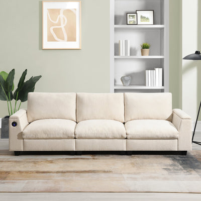 Chenille Sectional Sofa with Bluetooth Speaker, Comfy Cloud Couch Set with Drop Down Table, Cup Holders, USB Charger, Storage Armrest, Wide Seat, 96*35''