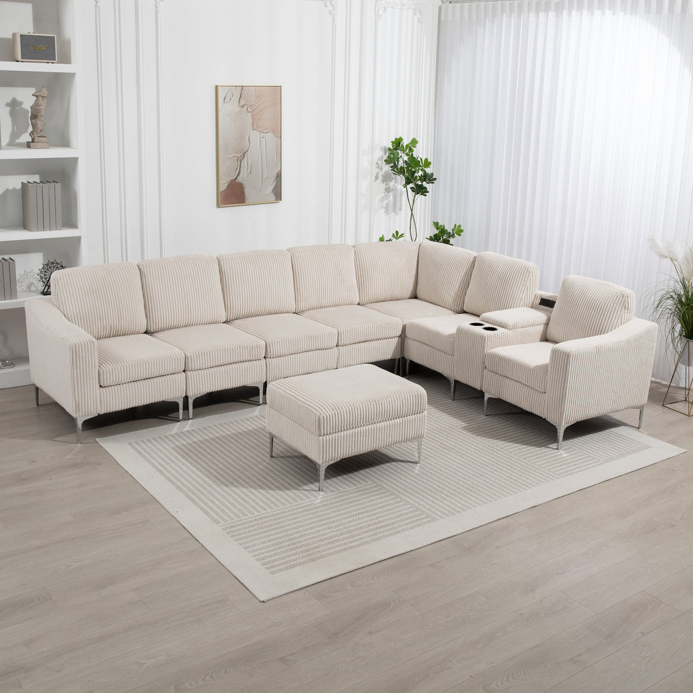 Convertible Sectional Corduroy  Sofa with Storage Ottoman,Cupholders, USB Ports for Living Room Apartment,Beige