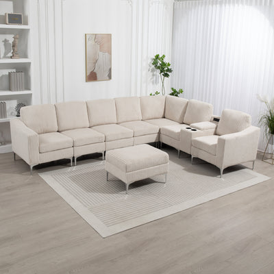 Convertible Sectional Corduroy  Sofa with Storage Ottoman,Cupholders, USB Ports for Living Room Apartment,Beige
