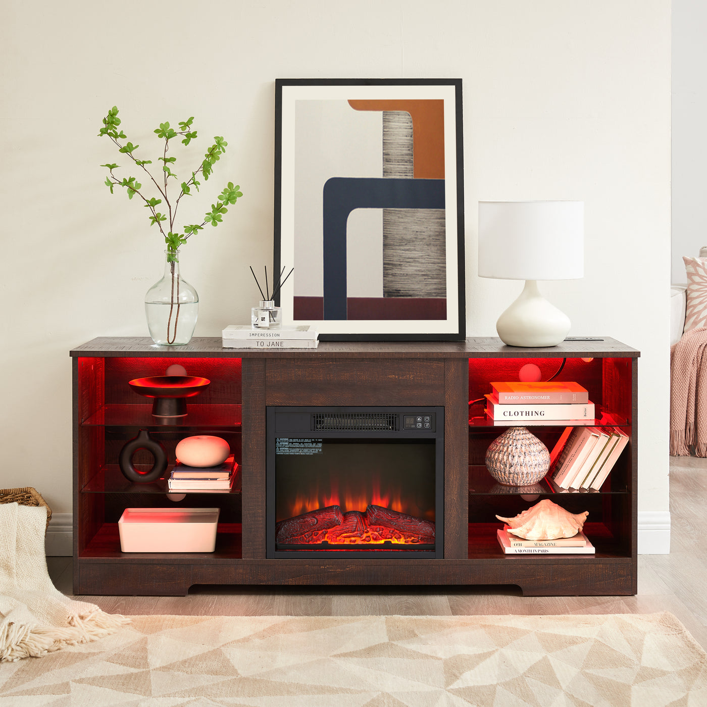 TV Stand Electric Fireplace  Glass Shelves, 3D Fireplace TV Stand with LED Lights Wood with USB Charging Outlet Modern Television Table Center for TV up to 62' ESP, 58''W*15.5''D*24.4