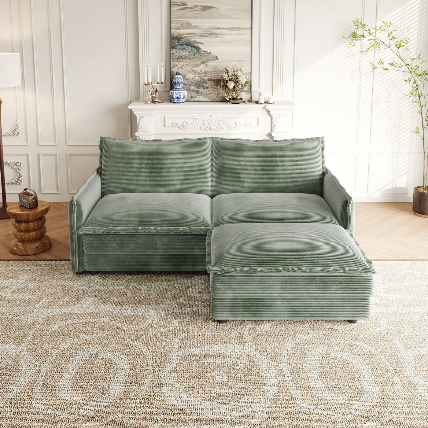 Corduroy Fabric Loveseat Sofa Couch with 1 Footrest for Living Room,2 Seater L-Shaped Sectional with Ottoman, Upholstered Large Size Deep Seat 2-Seat Sofa with 2 cushions