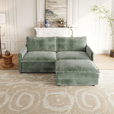 Corduroy Fabric Loveseat Sofa Couch with 1 Footrest for Living Room,2 Seater L-Shaped Sectional with Ottoman, Upholstered Large Size Deep Seat 2-Seat Sofa with 2 cushions