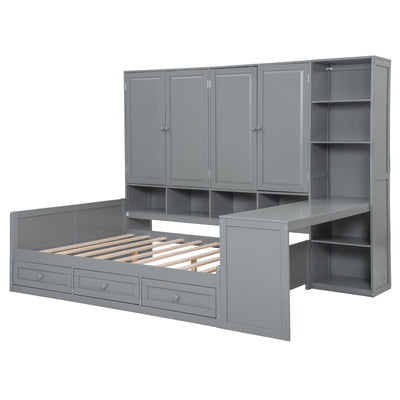 Full Size Wooden Daybed With Three Drawers, and All-in-One Cabinet, Desk and Shelves, Gray
