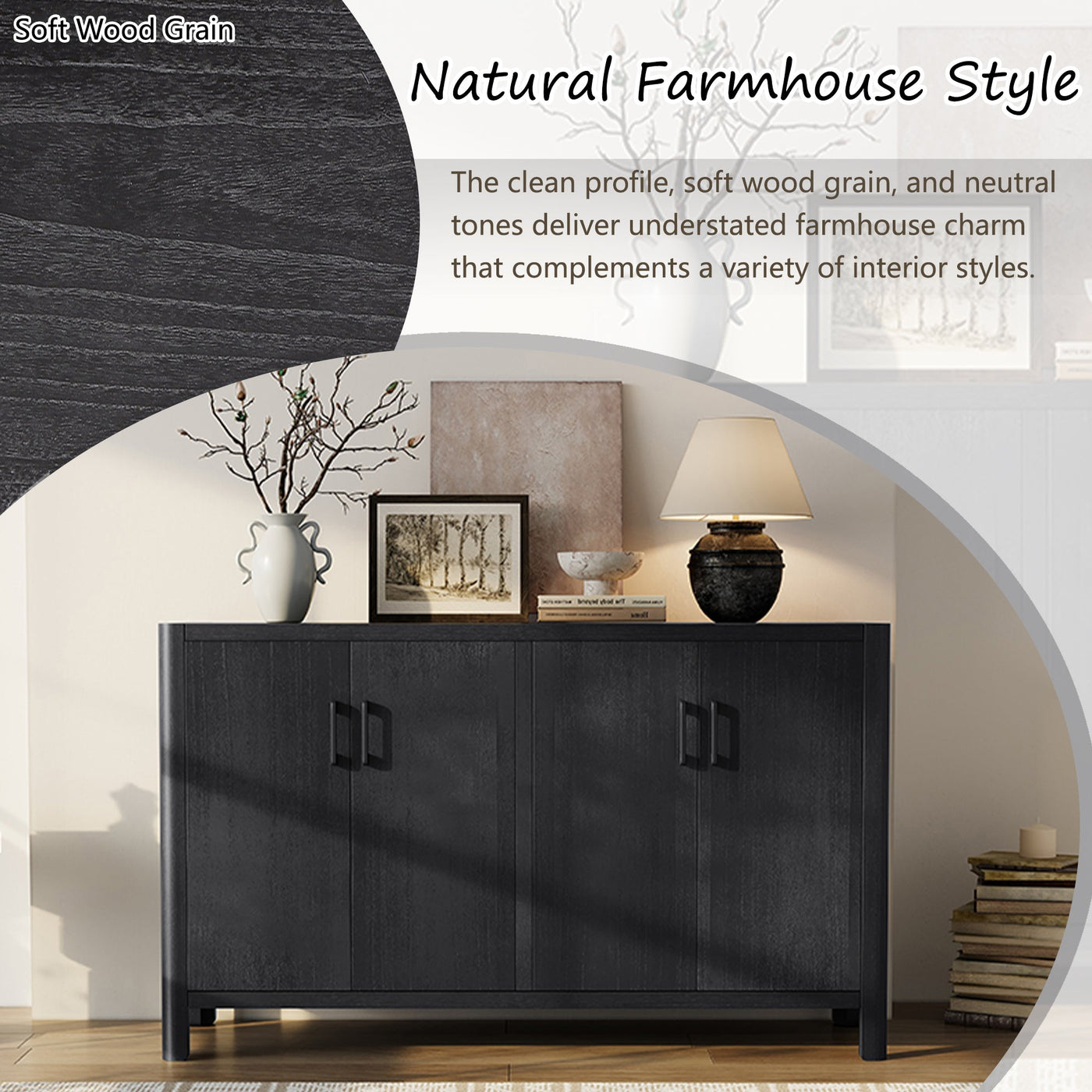 Mirod Farmhouse Style 4-Door Cabinet with Natural Finish, A Rustic Accent for Entryways or Small Spaces