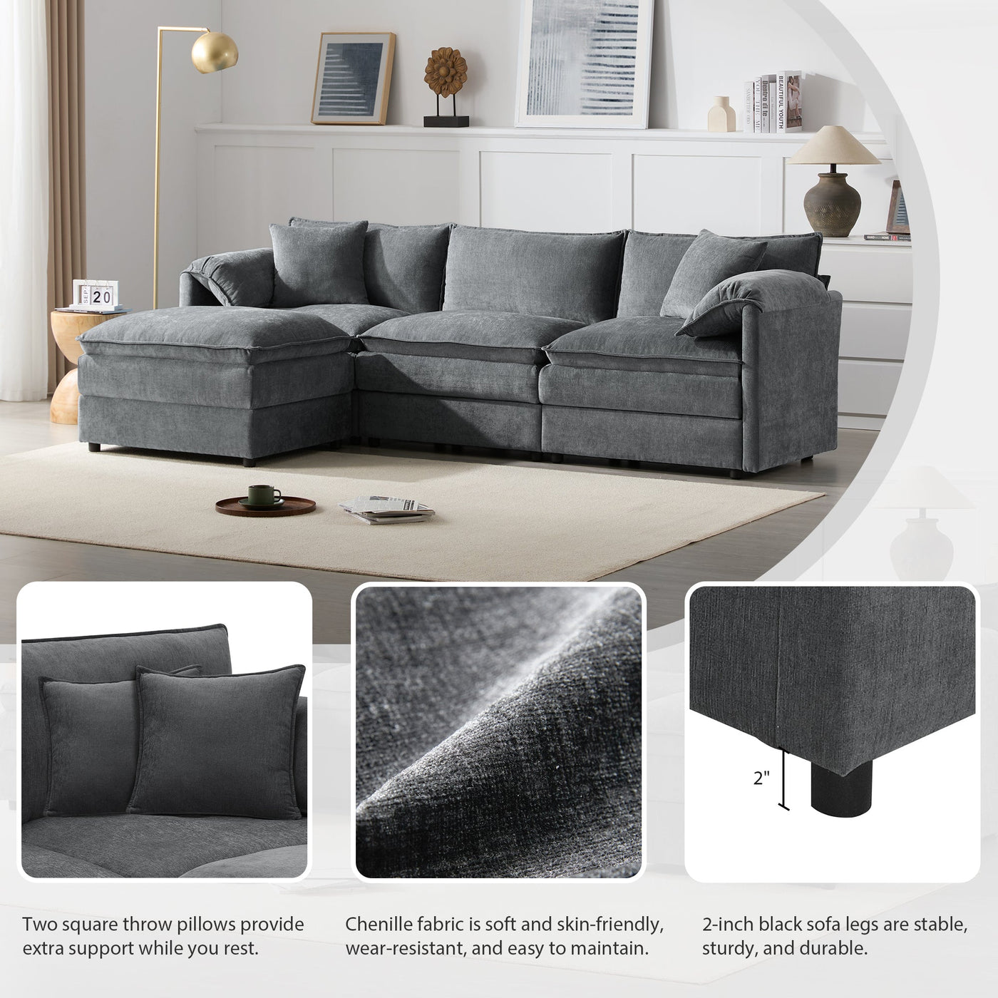 Chenille Modular Sectional Sofa with Deep and Wide Seat in Dark Gray, L Shaped Cloud Couch Set with Double Cushions, 4 Seat Sofa with Movable Ottoman