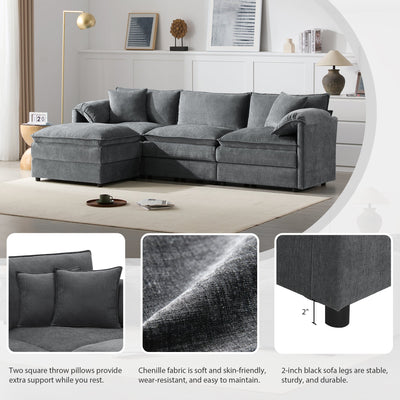 Chenille Modular Sectional Sofa with Deep and Wide Seat in Dark Gray, L Shaped Cloud Couch Set with Double Cushions, 4 Seat Sofa with Movable Ottoman