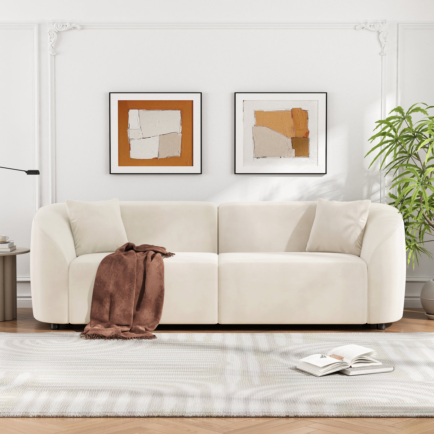 87' Curved Contemporary Sofa in Off-White: Plush Seating, Streamlined Design, and Durable Frame – Ideal for Stylish Living Spaces