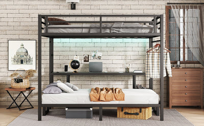 Queen Over Twin XL Metal Bunk Bed/Loft Bed with Desk and Shelves, Multiple Uses Folds into Sofa with LED and USB, Black