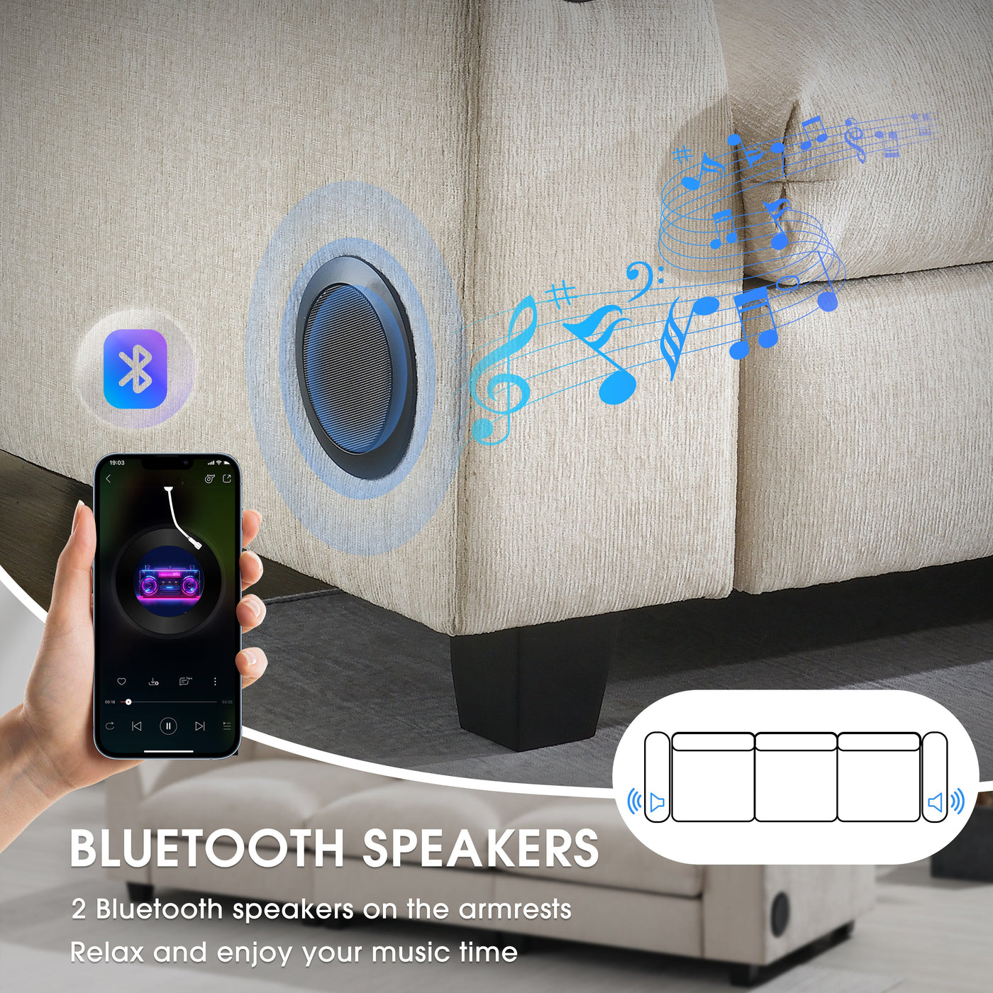 Chenille Sectional Sofa with Bluetooth Speaker, Comfy Cloud Couch Set with Drop Down Table, Cup Holders, USB Charger, Storage Armrest, Wide Seat, 96*35''