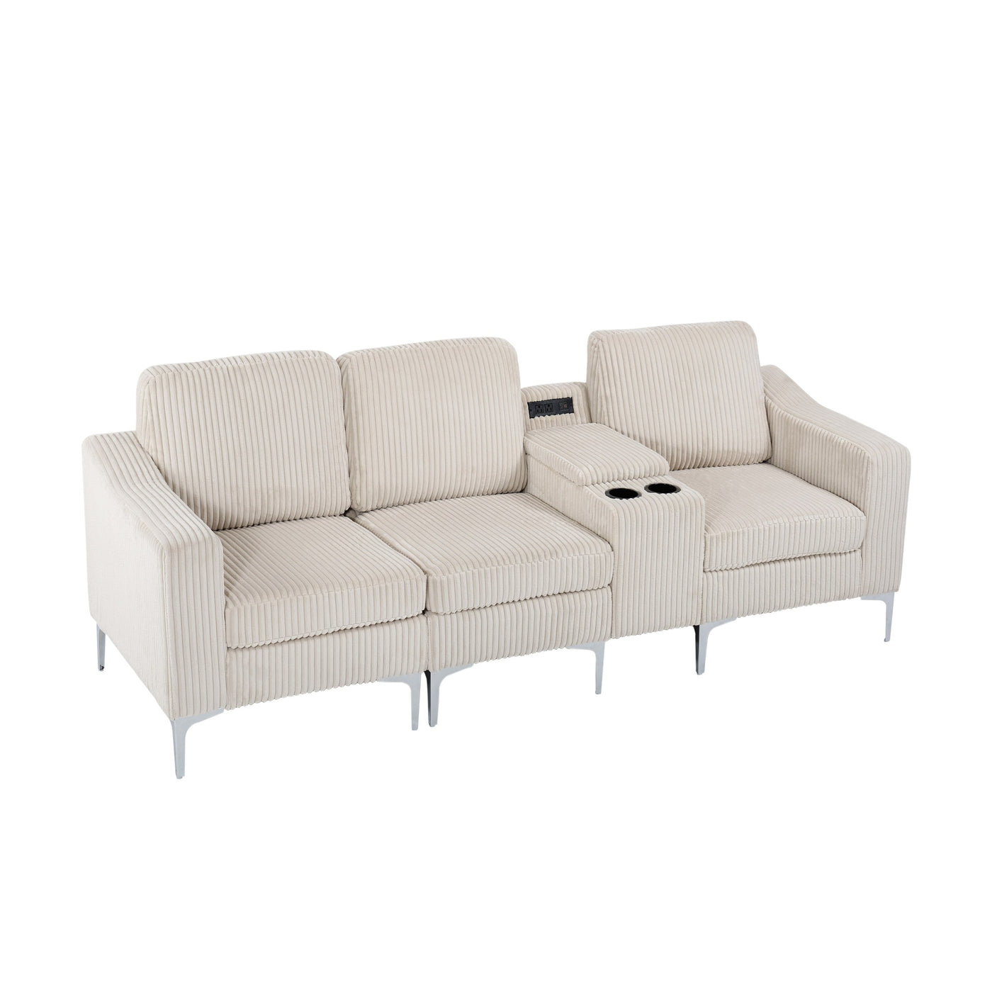 Convertible Sectional Corduroy  Sofa with Cupholders, USB,Three-seater,Beige