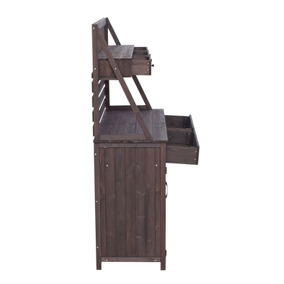 Brown Fir Wood Potting Bench - 5-Drawer Garden Workstation with Slatted Back Panel & Storage Cabinet