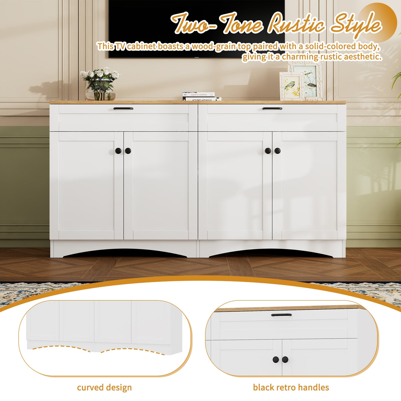 ON-TREND Farmhouse TV Stand with 2 Drawers for TVs Up to 70', Versatile Wood Grain Sideboard with Adjustable Shelves, Mid-Century Buffet Cabinet with Rustic Handles for Living Room/Bedroom, White