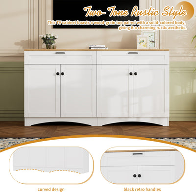 ON-TREND Farmhouse TV Stand with 2 Drawers for TVs Up to 70', Versatile Wood Grain Sideboard with Adjustable Shelves, Mid-Century Buffet Cabinet with Rustic Handles for Living Room/Bedroom, White
