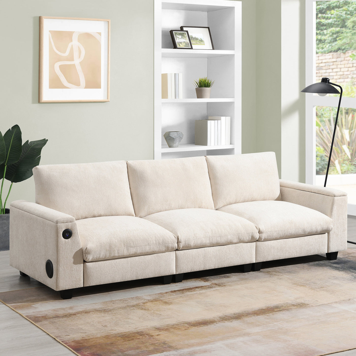 Chenille Sectional Sofa with Bluetooth Speaker, Comfy Cloud Couch Set with Drop Down Table, Cup Holders, USB Charger, Storage Armrest, Wide Seat, 96*35''