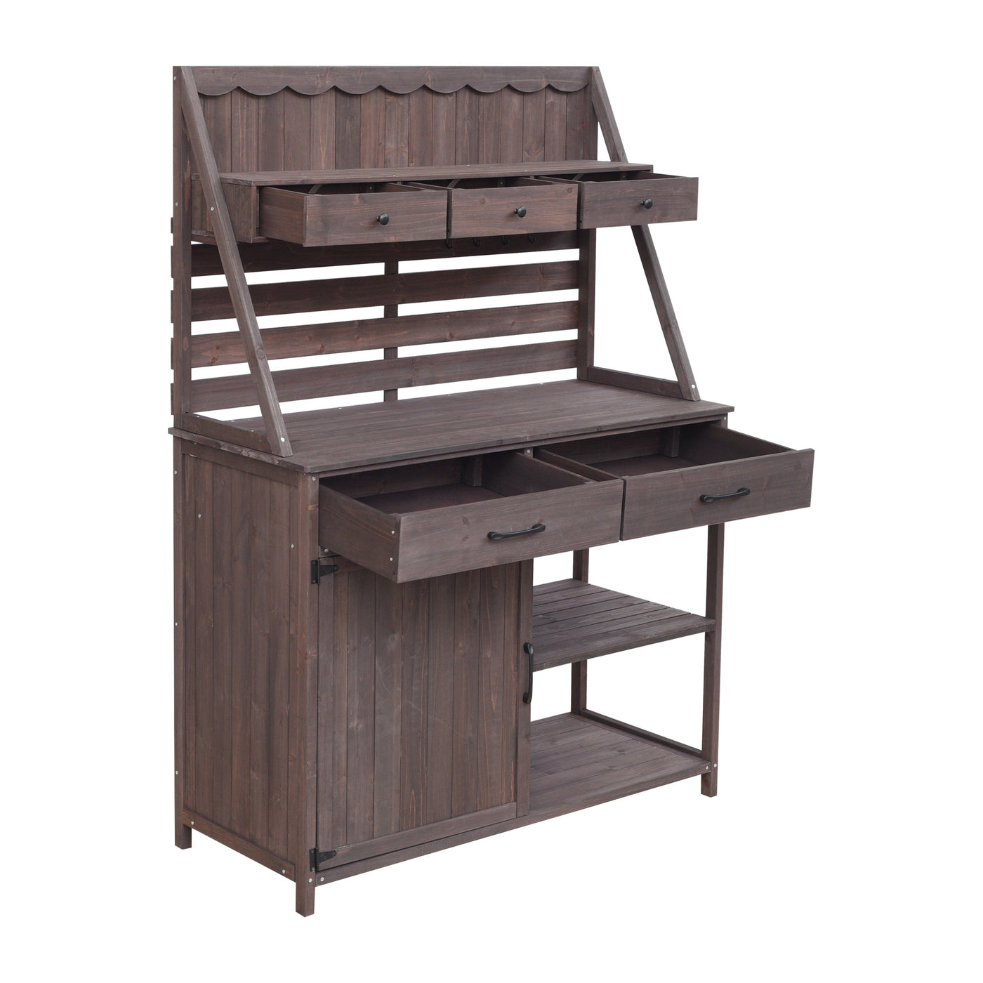 Brown Fir Wood Potting Bench - 5-Drawer Garden Workstation with Slatted Back Panel & Storage Cabinet