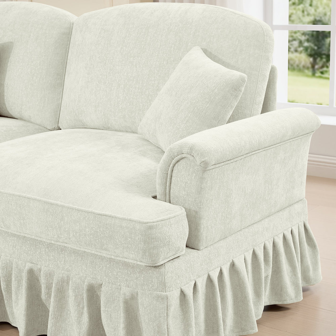 Classic U Shape 4 Seater Modular Sectional Sofa Couch with Flared Arms and Removable Ruffles Pleats Skirts and Spindle Legs, Chenille Deep Seat Cloud Sofa with Movable Ottomans, Beige White