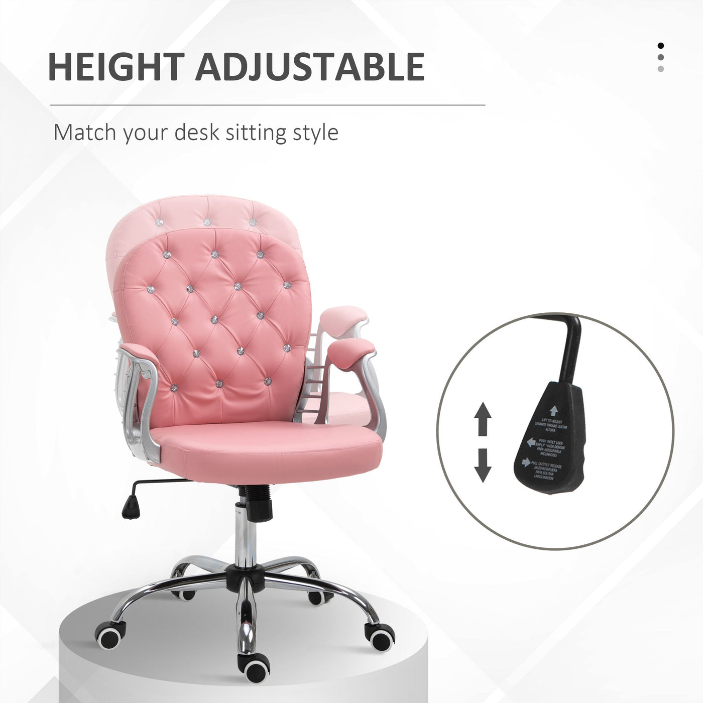 PU Leather Home Office Chair, Button Tufted Desk Chair with Padded Armrests, Adjustable Height and Swivel Wheels, Pink