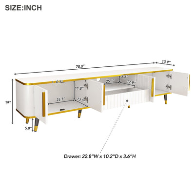 ON-TREND Luxury Minimalism TV Stand with Open Storage Shelf for TVs Up to 85', Entertainment Center with Cabinets and Drawers, Practical Media Console with Unique Legs for Living Room, White