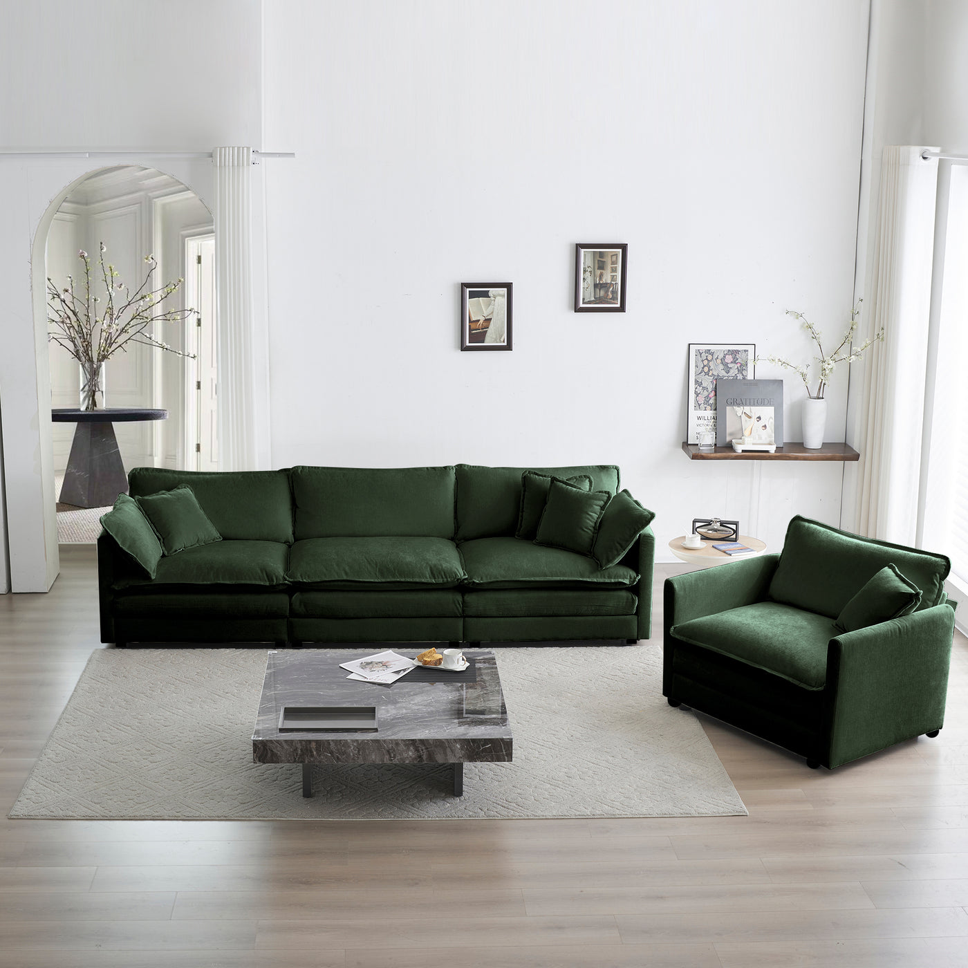 2-Piece Upholstered Sofa, Living Room Sectional Sofa Set Modern Sofa Couches Set , Deep Seat Sofa for Living Room Apartment, 1+3 Seat Green Chenille