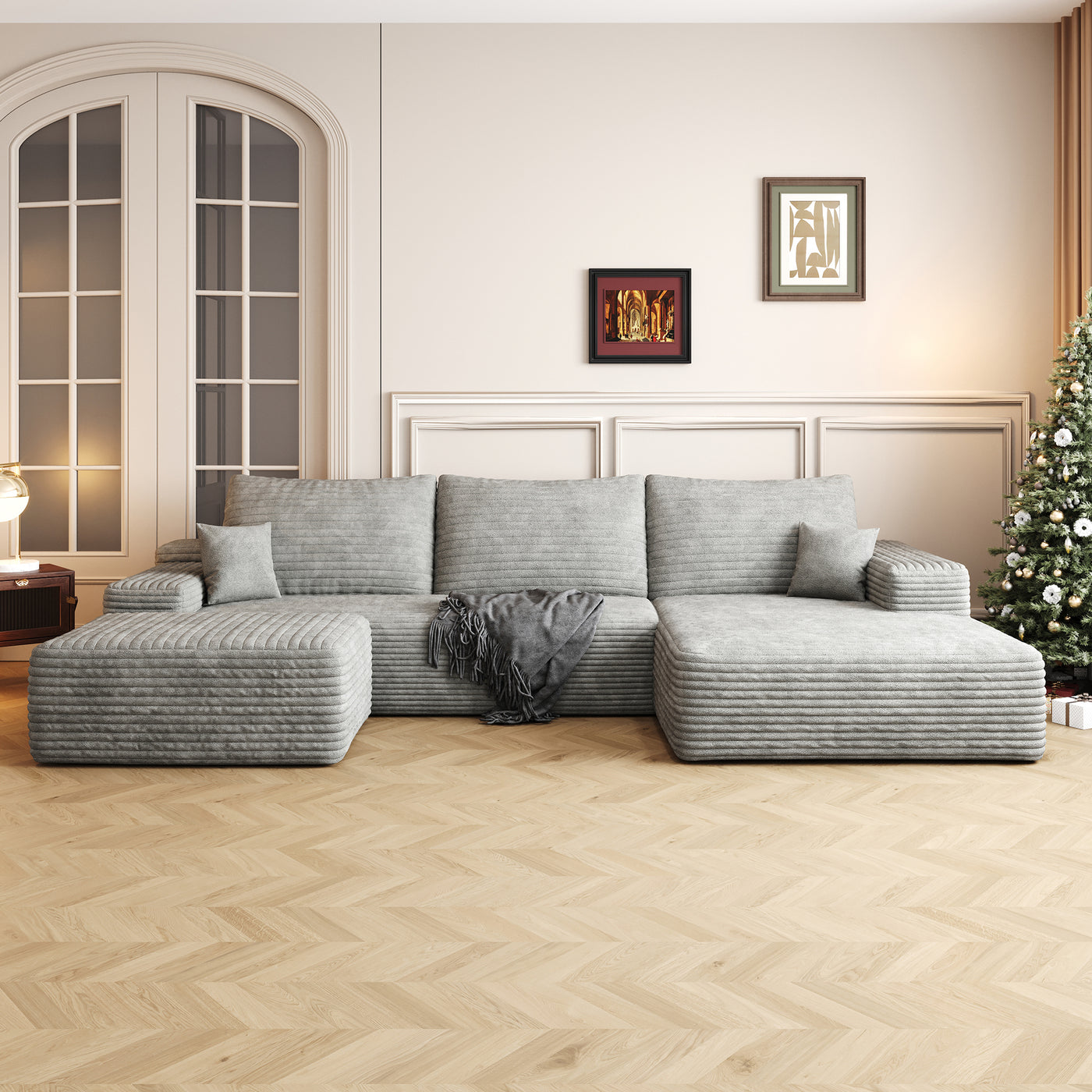 107' Cloud Sectional Sofa with 1 Ottoman,Modern Minimalist Upholstered Couches, Comfort U Shaped Sofa for Living Room,Deep Seat Corner Couch,No Assembly Required,Grey(Plush Corduroy Fabric)