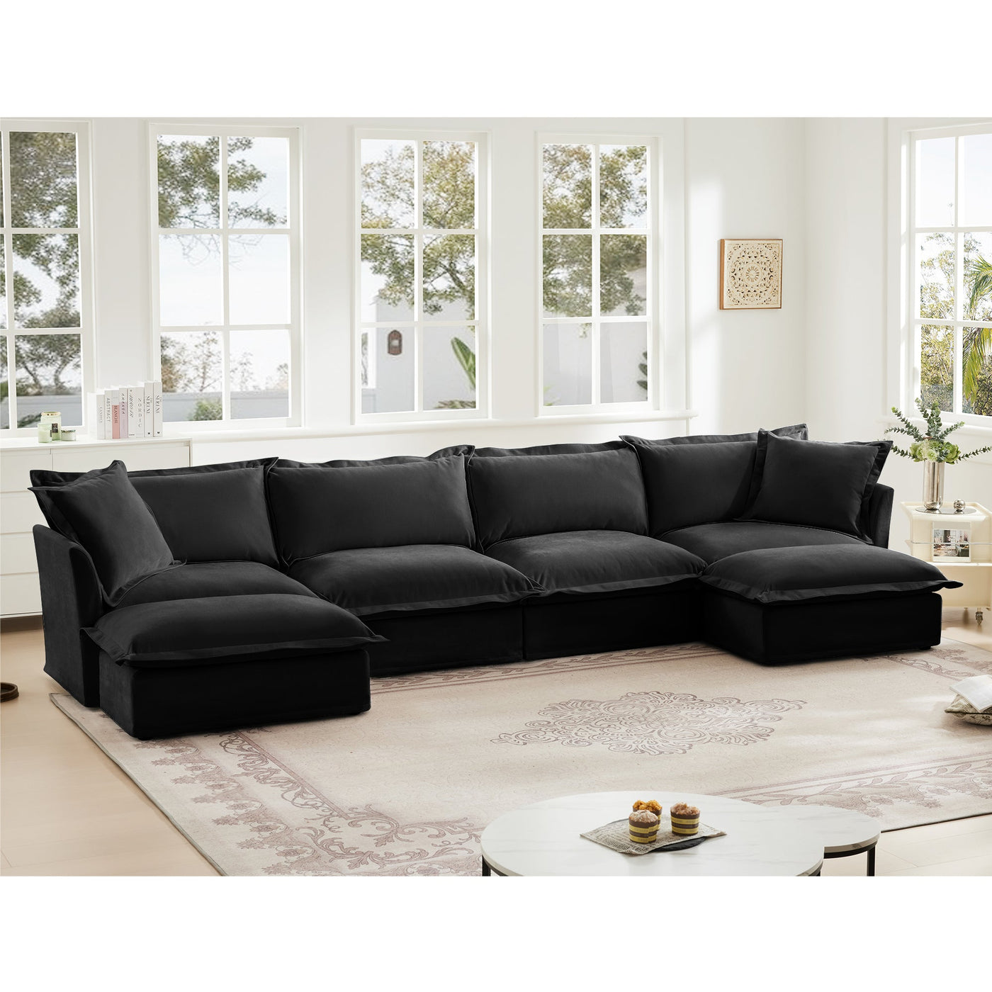 Slipcovered U Shape Sectional Wide and Deep Seat Sofa Couch, 4 Seater Sofa with French Edges Design Multiple Big Pillows, Soft Deep Seat Comfy Cloud Couch for Living Room, Apartment, Chenille Fabric