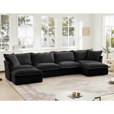 Slipcovered U Shape Sectional Wide and Deep Seat Sofa Couch, 4 Seater Sofa with French Edges Design Multiple Big Pillows, Soft Deep Seat Comfy Cloud Couch for Living Room, Apartment, Chenille Fabric