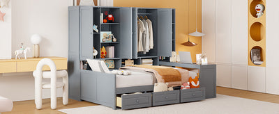 Full Size Wooden Daybed With Three Drawers, and All-in-One Cabinet, Desk and Shelves, Gray