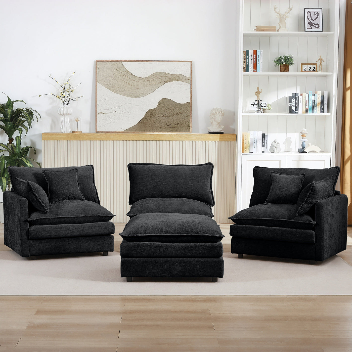 Modular Sectional Sofa, 105 Inch L Shaped Couch Set, Comfy Cloud Couches with Movable Ottoman, Black Chenille