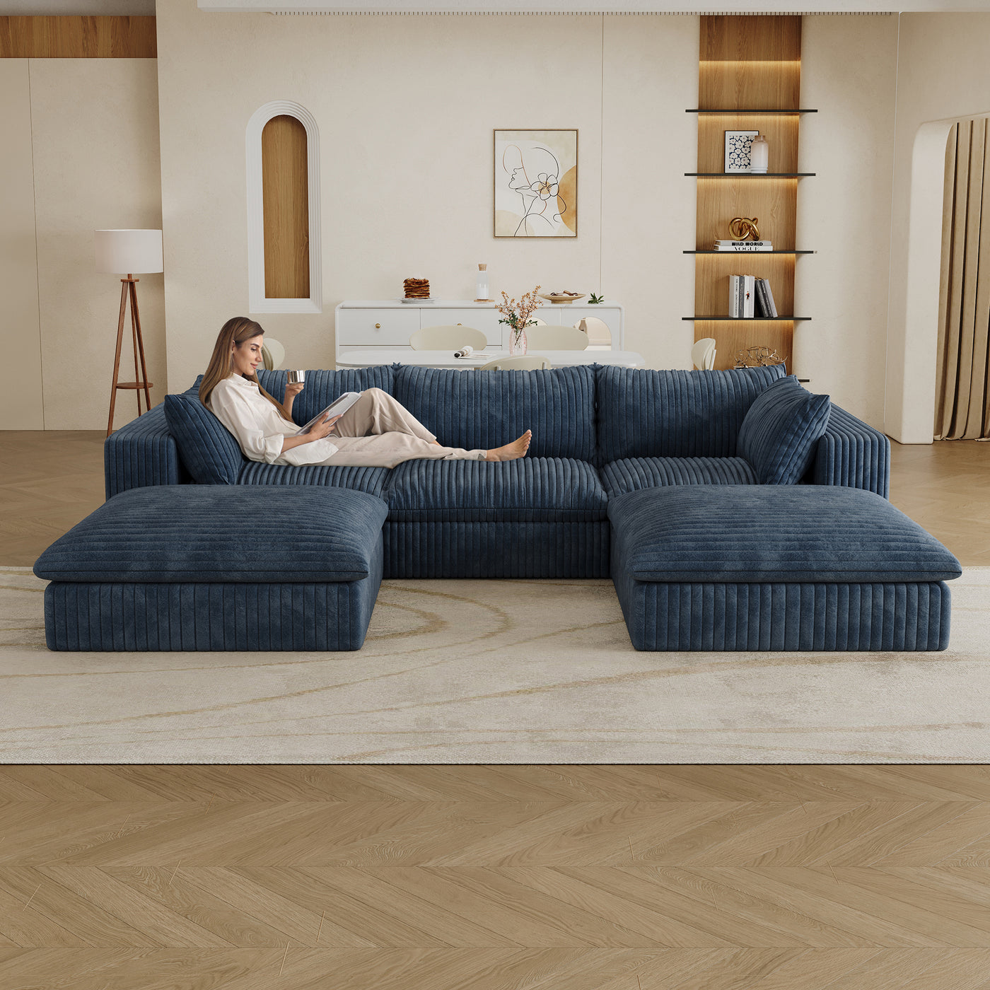 118.2' Cloud Sofa,Corduroy Fabric,Deep Seat Couches,Double-layer design,Removable Cushion,No Assembly, DIY Combination for Living room, Bedroom,Conference room ,Apartment,Blue