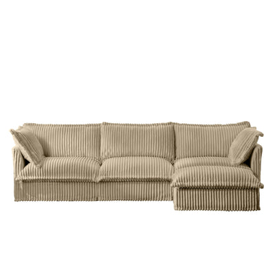 L-Shaped Slipcovered Sectional Sofa Couch, Comfy Deep Seat Cloud Couch with Convertible Ottoman & 2 Big Pillows, Modern Oversized 3 Seater Slipcovered Sofa Set for Living Room Office, Camel Corduroy