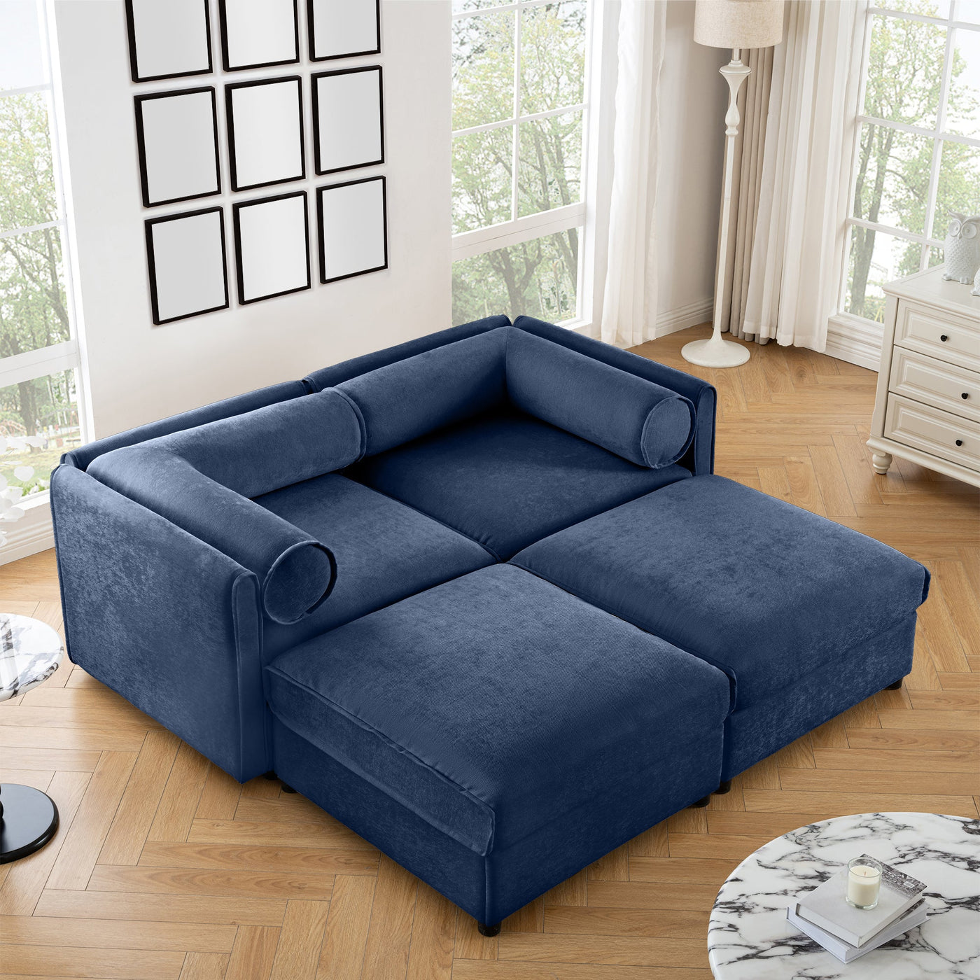 Modern Blue Chenille 2-Seater Sofa with Ottoman Storage and Cylindrical Support