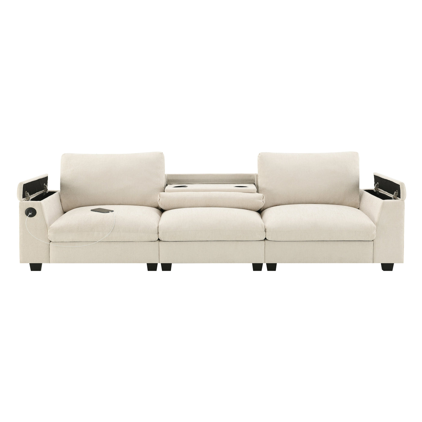 Chenille Sectional Sofa with Bluetooth Speaker, Comfy Cloud Couch Set with Drop Down Table, Cup Holders, USB Charger, Storage Armrest, Wide Seat, 96*35''