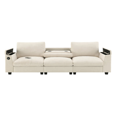Chenille Sectional Sofa with Bluetooth Speaker, Comfy Cloud Couch Set with Drop Down Table, Cup Holders, USB Charger, Storage Armrest, Wide Seat, 96*35''